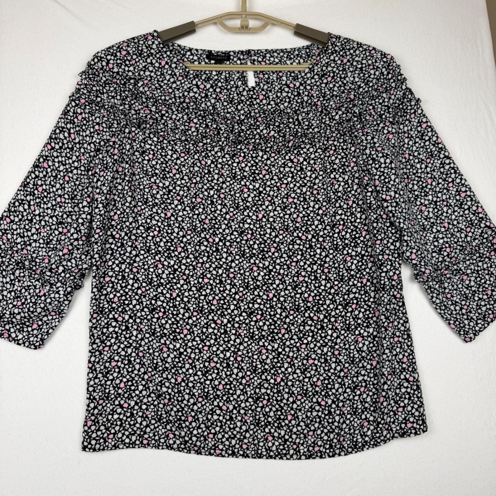 Talbots Womens Black Pink Floral Ruffle Yoke 3/4 Sleeve Blouse Size M